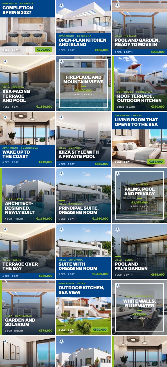 The same feed made with the tool: every post carrying the agency navy and green, the price and the bedroom count