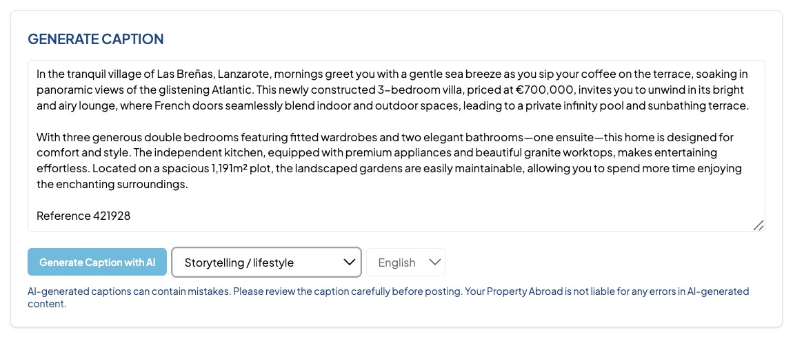 The caption panel showing an AI-written listing description for a villa in Las Breñas, with a tone selector set to Storytelling and a language picker