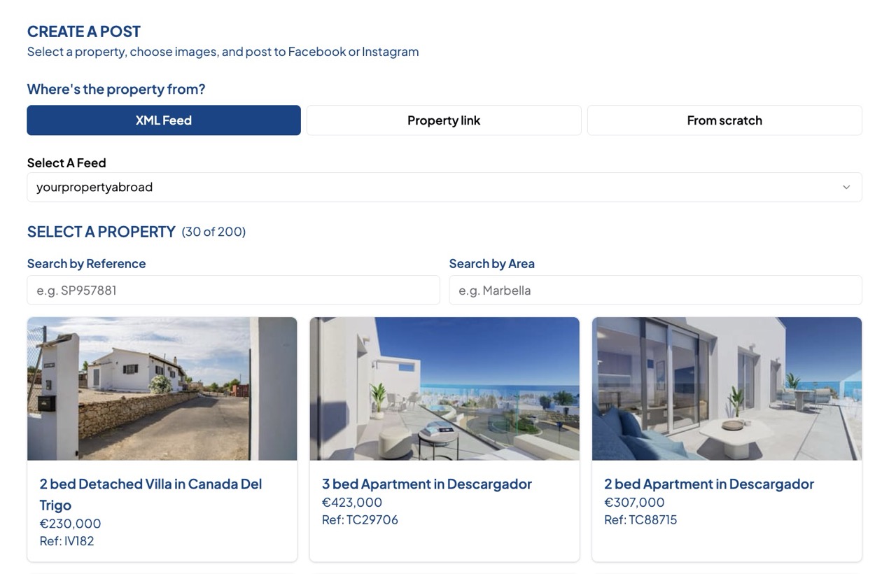 The Create a Post screen with three tabs — XML Feed, Property link, From scratch — above a grid of the agent's own listings with prices and reference numbers