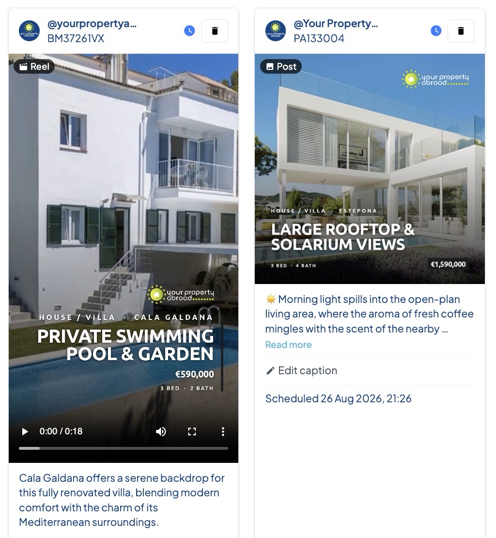 A reel and a post side by side in the tool, both carrying the agency logo, the price, the bedroom and bathroom count, and an AI-written caption